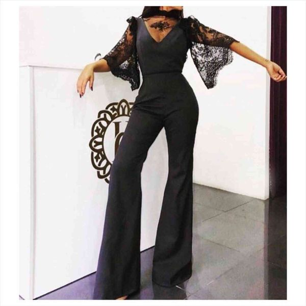 

elegant black lace casual flare women jumpsuits half sleeve o neck pants female rompers see through overalls, Black;white