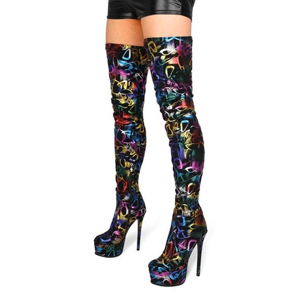 

boots colors print surface pu women winter over the knee high round toe heels platform zipper shoes outdoor modern style, Black