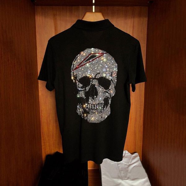 

comfortable personality m 5xl shirt men polos hip hop loose short sleeve super shiny drill skull handsome style, White;black