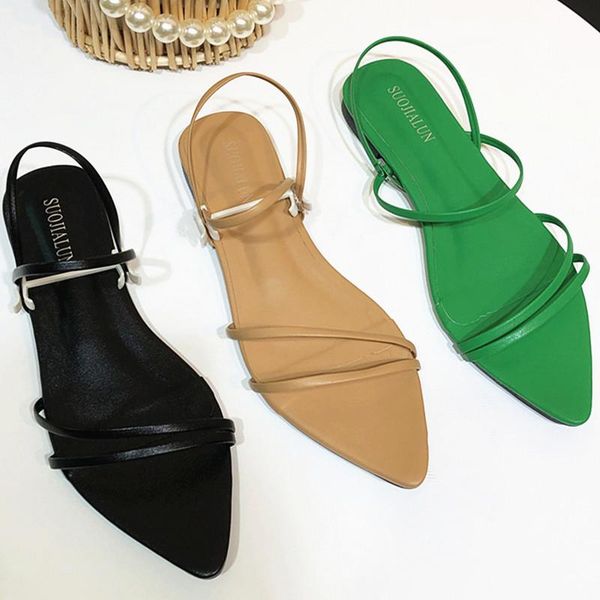 

sandals 2021 concise style women summer pointe toe shoes fashion woman comfort leather u364, Black