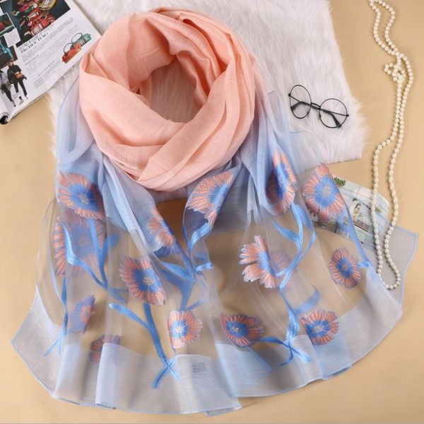 

scarves 2021 fashion women cut flowers hollow lace gradient silk scarf spring shawls and wraps towel femme beach sjaals, Blue;gray