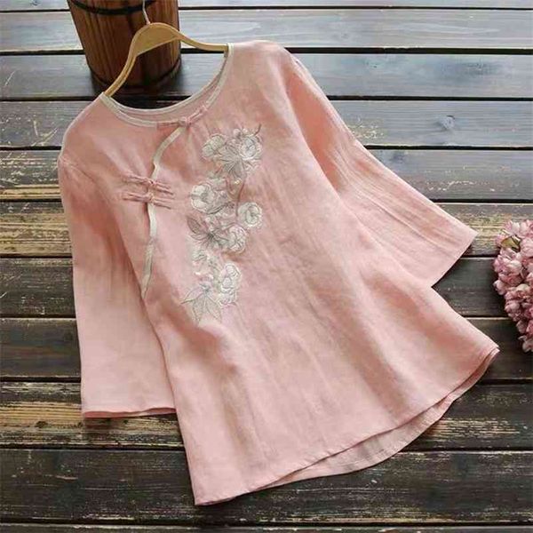 

new arrival summer women tshirt plus size folk style vintage floral embroidery tee shirt femme o-neck button cotton d334 210401, White