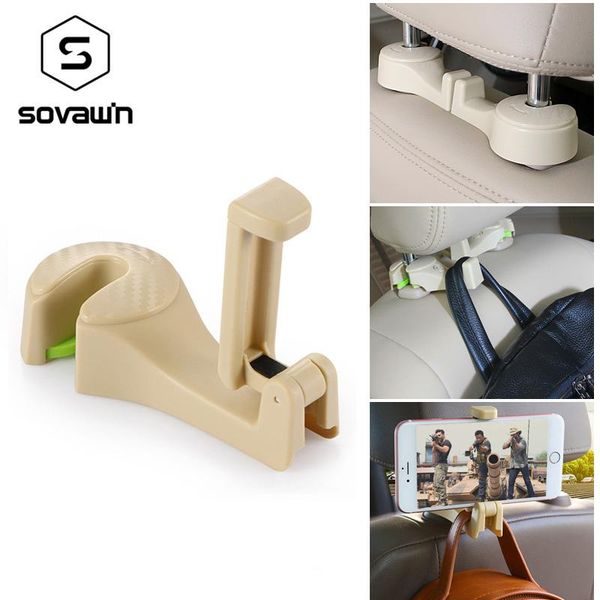 

sovawin 2 in 1 car headrest hook phone holder seat back hanger for bag handbag purse grocery cloth storage auto fastener cell mounts & holde