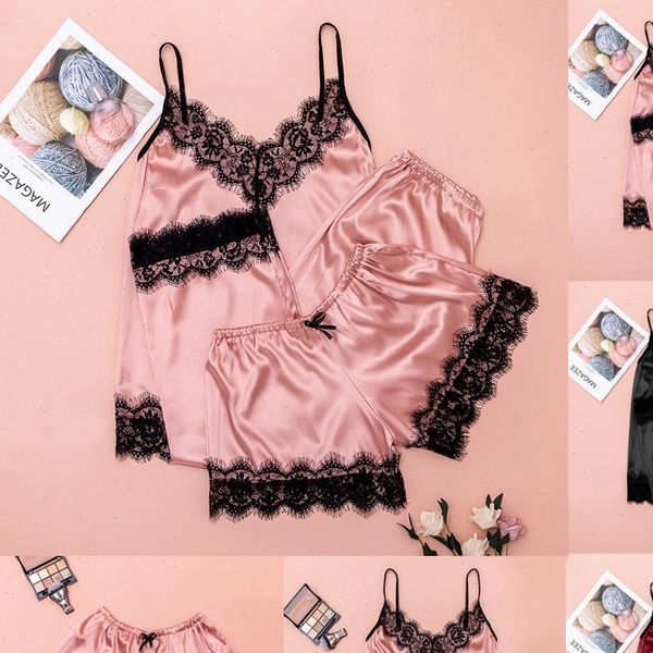 

underwear pyjamas 3pc lace womens sleepwears satin lingerie camisole bow trousers casual pajamas pijama mujer for, Black;red