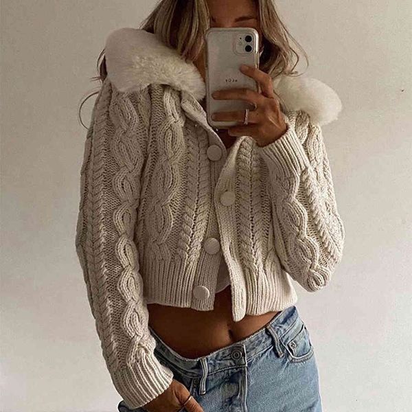 

sweaters autumn winter women knitted cardigan with faux fur collar long sleeves textured sweater casual fashion chic jacket, White;black
