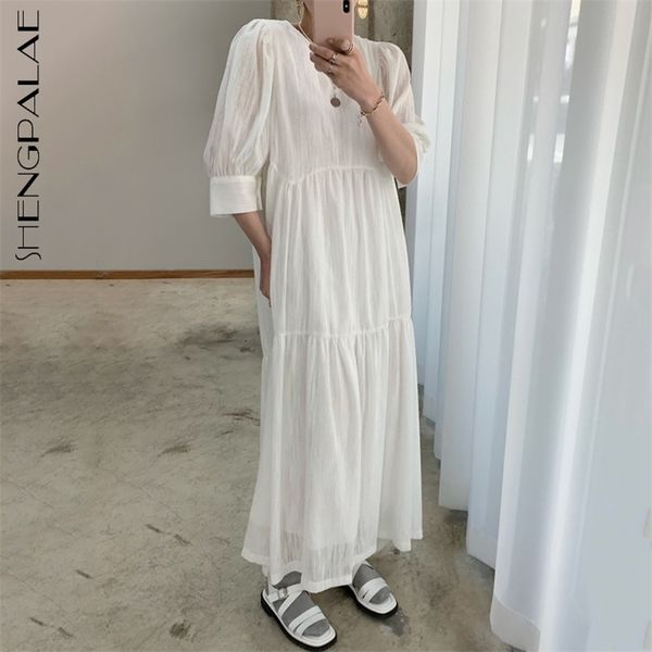 

white simple dress women's summer round neck loose puff half sleeve mid-calf dresses female fashion 5e409 210427, Black;gray