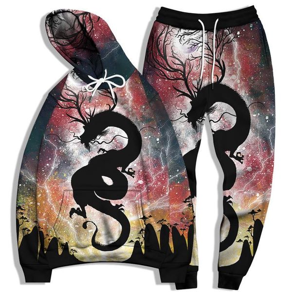 

men's tracksuits 3d dragon pattern print long sleeve big size men hoodie sweatshirt suit sportwear hip hop streetwear, Gray