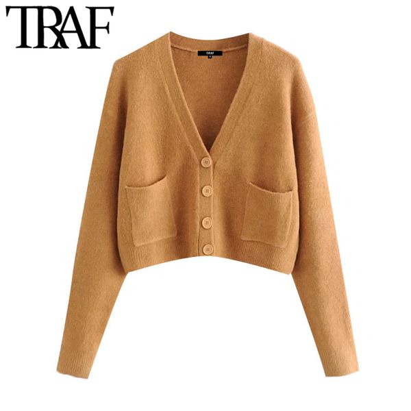 

traf women fashion with pockets cropped knitted cardigan sweater vintage v neck long sleeve female outerwear chic 210415, White;black