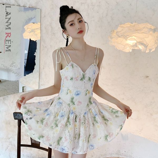 

women dress lace flower lovely v-neck sleeveless folds high waist sling dresses temperament fashion summer 2h813 210507, Black;gray