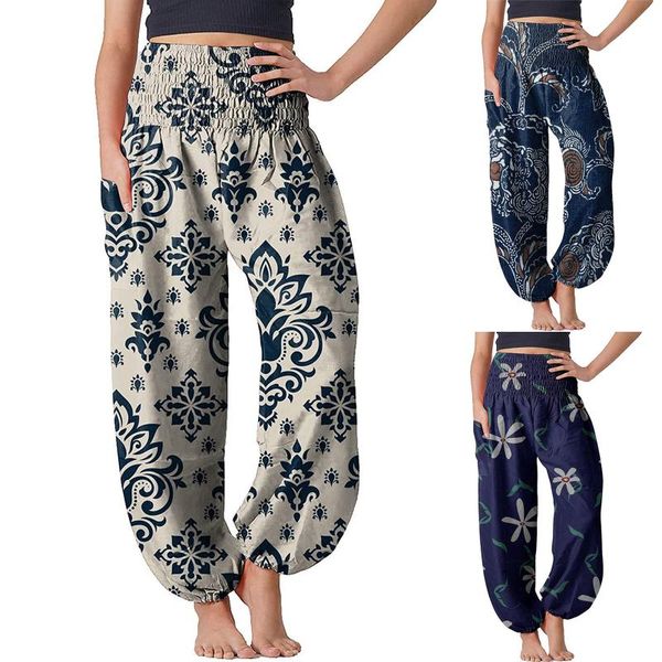 

yoga outfit summer harem pants casual loose beach women wide leg boho cotton linen comfy pajama #py