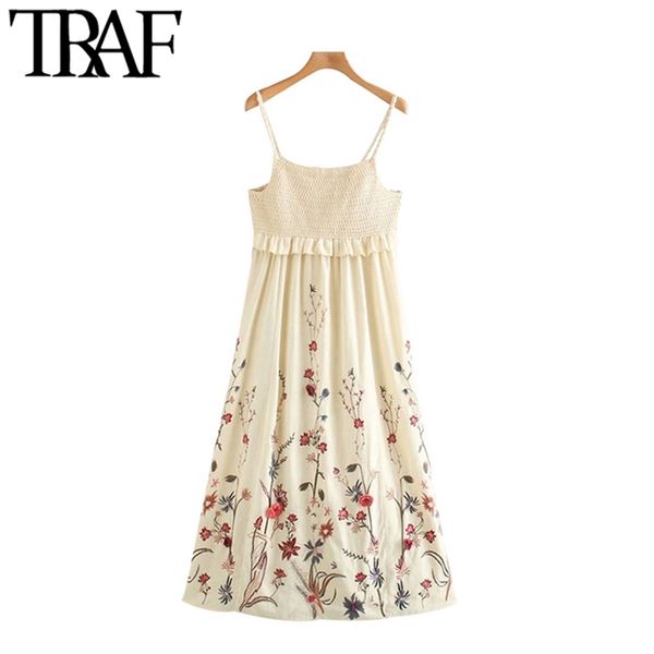 

women fashion floral embroidery ruffled linen midi dress vintage backless thin straps female dresses vestidos 210507, Black;gray