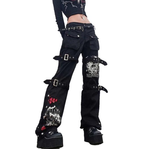 

women's jeans harajuku gothic fashion patchwork black punk grunge aesthetic women autumn electro pants emo printed streetwear, Blue