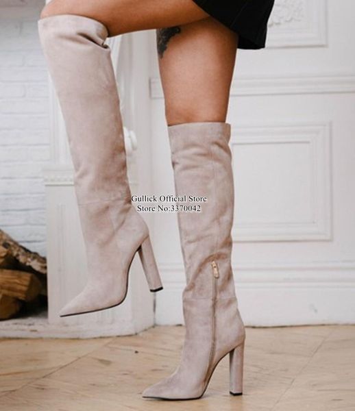 

boots suede knee high chunky heels pointed toe zipper long black burgundy stretch tight drop ship