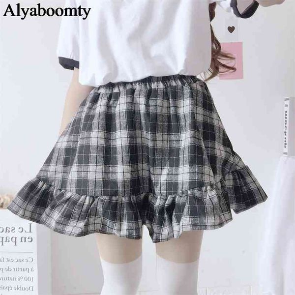 

japanese spring autumn women lolita skirt high waist plaid mini cotton skirts saias cute kawaii ruffles christmas gift 210708, Black