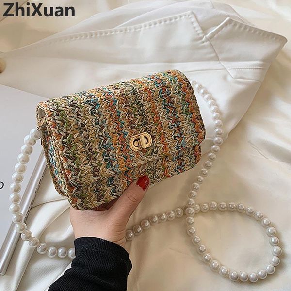 

evening bags zhixuan weave square crossbody bag summer quality straw flap purse women designer handbag pearl strap shoulder messenger