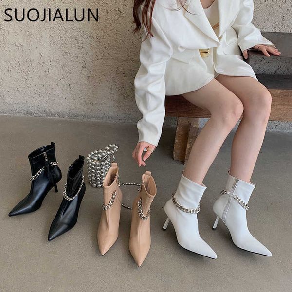 

suojialun fashion metal chain women ankle boots pointed toe zipper ladies elegant thin high heel chelsea boots winter pumps shoe y0914, Black