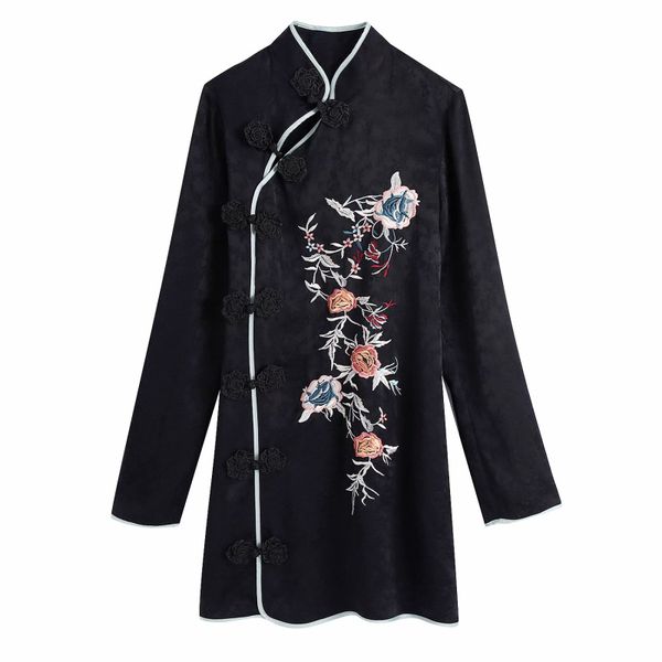

vintage woman black embroidery cheongsam dress spring autumn elegant ladies chinese style es female chic soft 210515, Black;gray