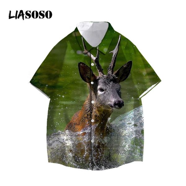 

men's casual shirts liasoso deer printed a row of buttons turn down collar short sleeve loose button hawaiian shirt male summer, White;black