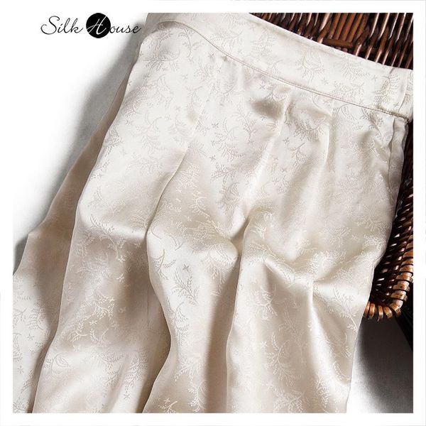 

gaommi silk jacquard vintage mulberry wide leg pants women's color 2021 fashion style & capris, Black;white