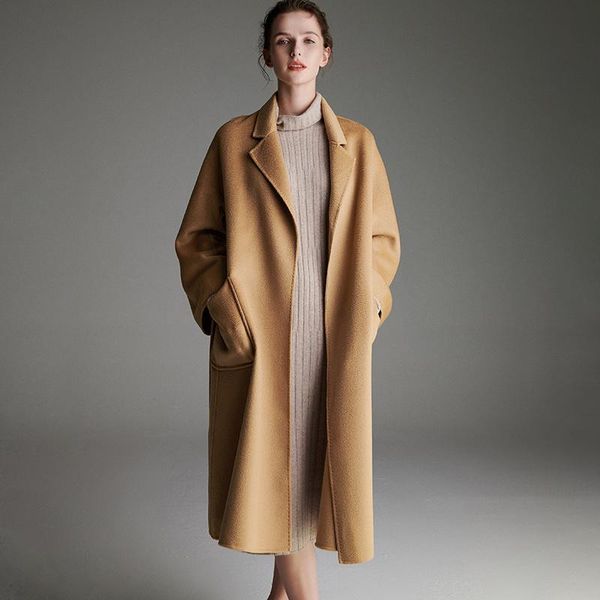 

women's wool & blends shzq 2021 winter light camel double-sided cashmere coat medium long temperament lace up v-neck, Black
