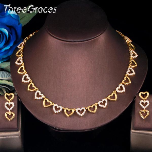 

earrings & necklace threegraces elegant african gold white cz crystal love heart dangle set for women wedding party jewelry tz579, Silver