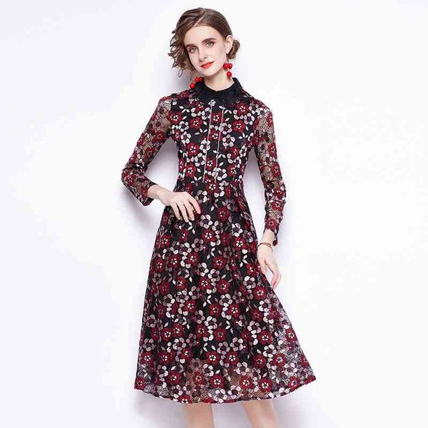 

fashion runway summer dress women long sleeve flower embroidery lace vintage es ladies midi vestido 210603, Black;gray