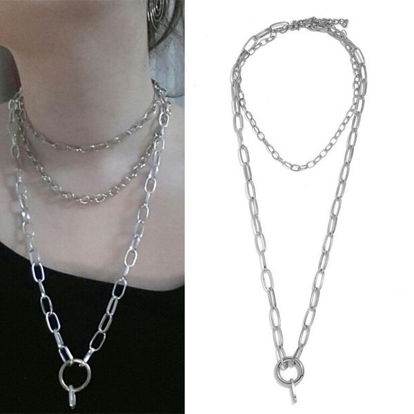 

fashion simple punk rock metal chain necklace two for men women drop chains, Silver
