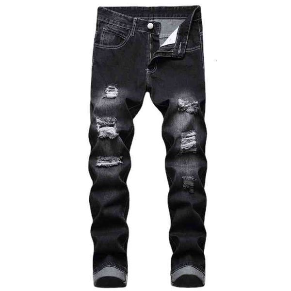 

men's perforated zipper jeans youth fashion slim fit black pants, Blue