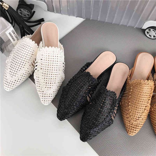 

slippers fashion women outdoor hemp hollow pointed toe flats summer sandals slides beach shoes woman comfortable mules bxu8, Black