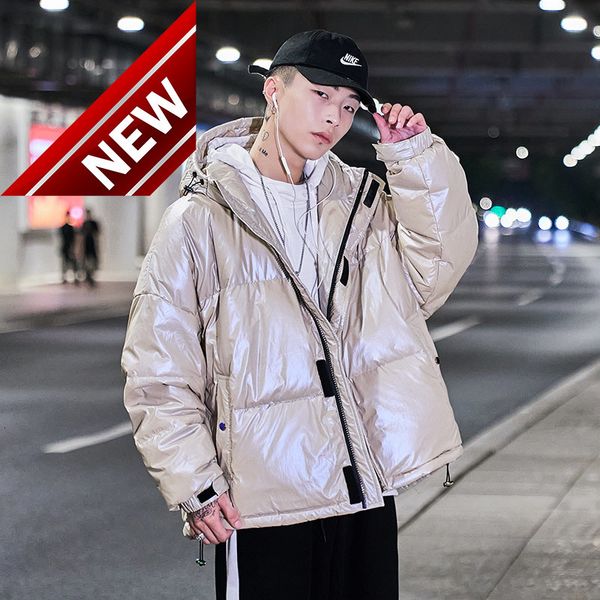 

trendy brand shiny leather down jacket men's short hooded korean style loose hong kong spirit guy 90% duck, Black
