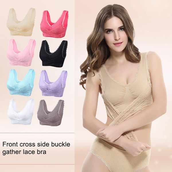 

adjustable front strap push-up lace bra women seamless sports bras cross side nov99 gym clothing, White;black