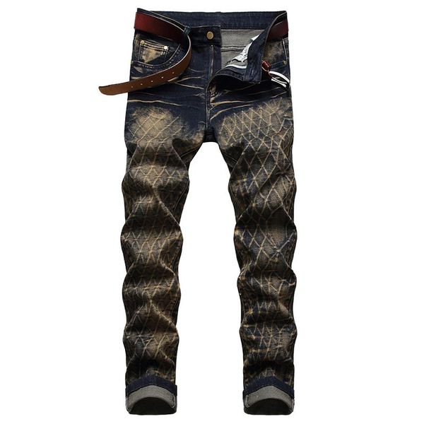 

men's male vintage slim straight stretch denim jeans retro color pants trousers, Blue