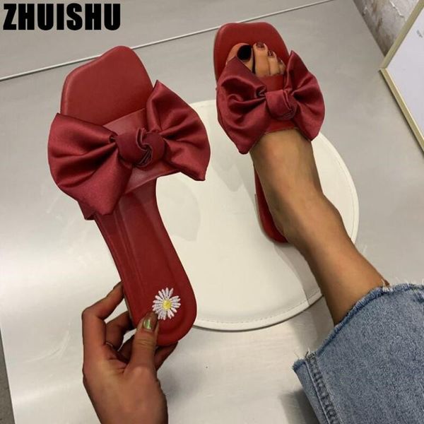 

women slippers summer fashion butterfly-knot pu leather open toe slides outdoor square head soft light flats shoes, Black