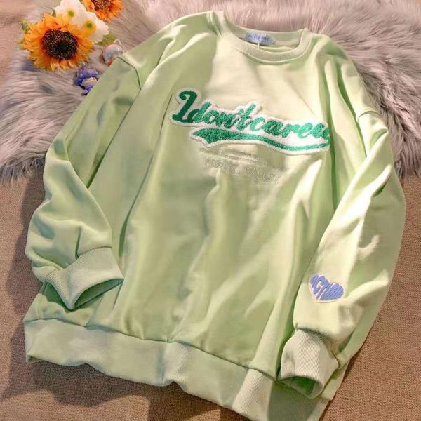

women's hoodies & sweatshirts green towel embroidery crewneck sweatshirt women pullover casual harajuku hoddies for teens autumn loose, Black