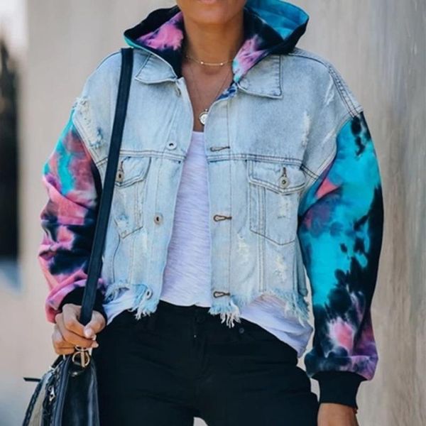 

women's jackets fashion color matching tie-dye ripped fringe denim jacket camouflage hooded autumn winter long sleeve coats, Black;brown