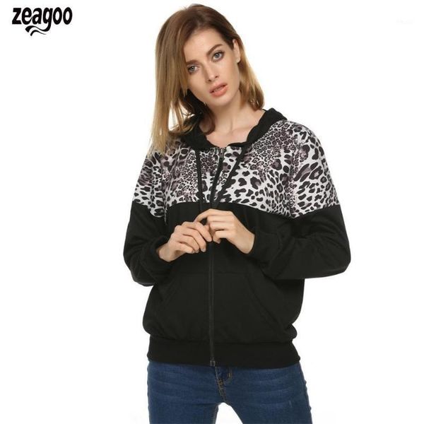 

women's hoodies & sweatshirts stylish women leopard stitching fashion sweatershirt hooded long sleeve casual zipper hoodie 10 colors1, Black