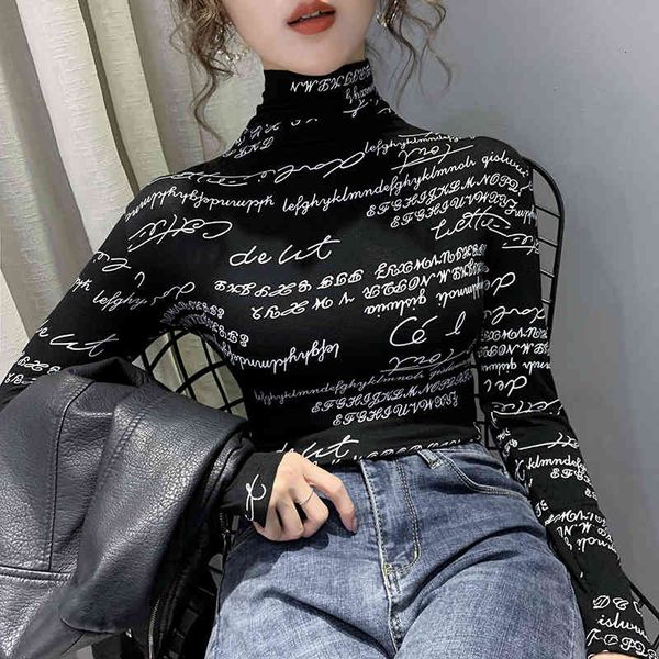 

women's t-shirt korean clothes graffiti letter t-shirt spring women long sleeve print slim ropa mujer bottoming shirt tees t0, White