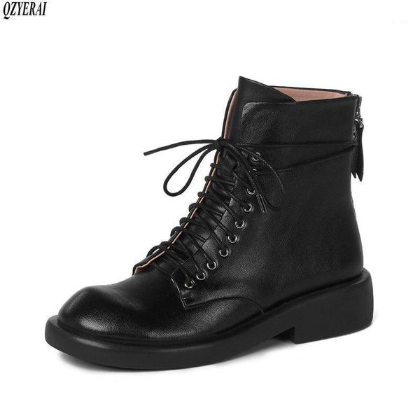 

boots winter genuine leather women lace-up fashion cow shoes size 34-401, Black