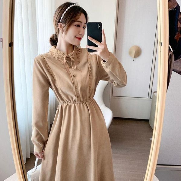 

casual dresses 2021 spring french style retro corduroy dress bowknot temperament slimming women long sleeve shirt autumn robe y1254, Black;gray