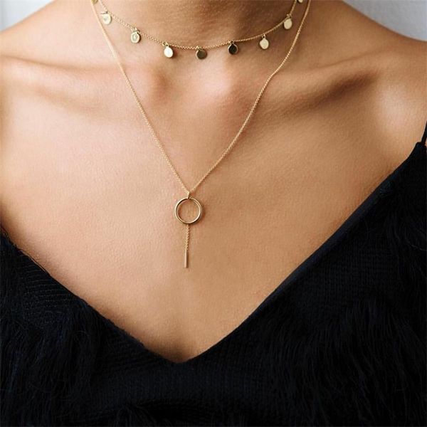 

pendant necklaces women set simple disc tassel clavicle chain multilayer gold long necklace fashion birthday gift jewelry, Silver