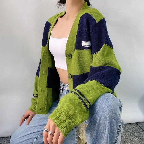 

women's knits & tees 2021 autumn cardigan color block style button-down knitwear stripe pattern long sleeve v-neck knit women clothing, White