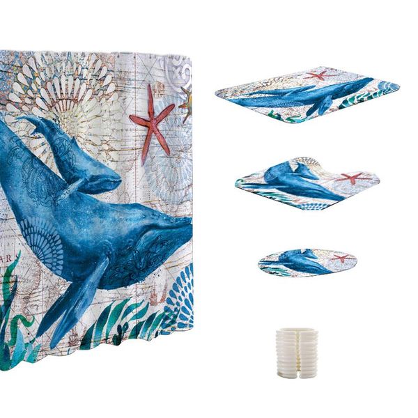 

shower curtains 4pcs waterproof lid toilet cover floor pedestal rug anti slip bath mat set marine life print curtain soft kitchen carpet