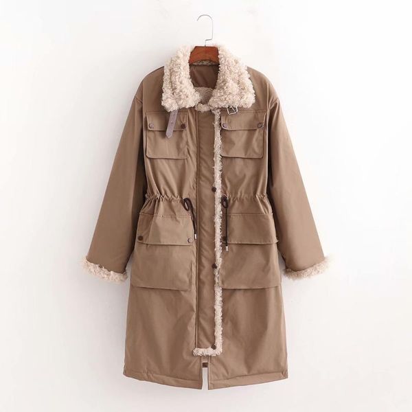 

women's down & parkas 2021 autumn winter casual long drawstring cotton jacket parka for ladies lace up pocket stand collar fashion, Black