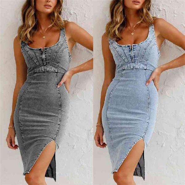 

women's sling irregular stretch wash denim dress with split ends dress summer holiday sheath party for womens 210508, Black;gray