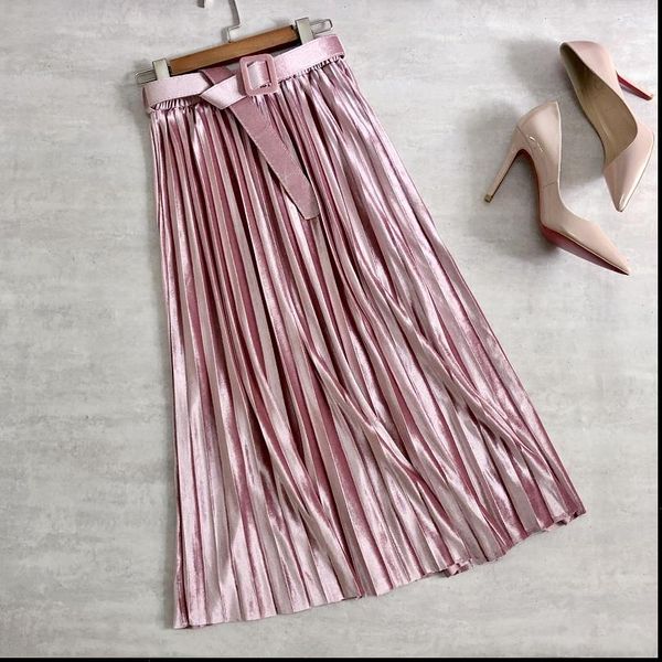 

women winter belt pleated skirts velvet metallic color shiny midi office lady high waist mid calf long, Black