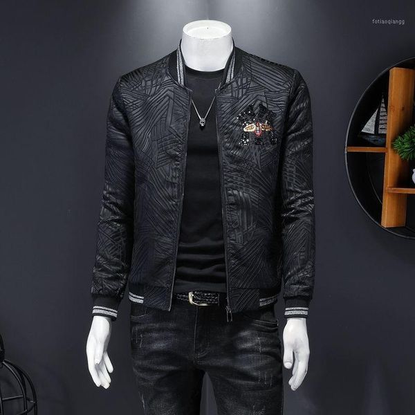 

men's jackets trend brand fashion men jacket set embroidery jacquard casual bomber striped print vintage, Black;brown