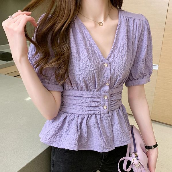 

purple white v neck blouse casual woman clothes 2021 summer short sleeve ruffle shirt women blouses shirts bluse women's
