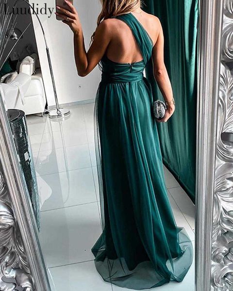 Mulheres elegante malha uma noite de ombro maxi vestido sólido sem mangas festa sexy y0823