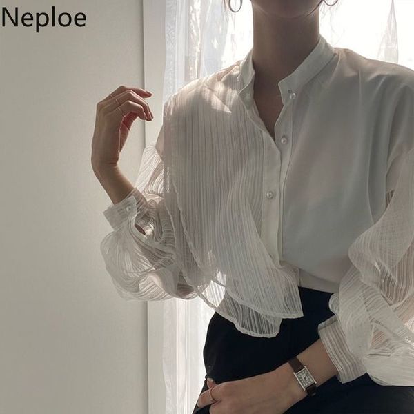 Neploe Korean Chic Hemd Patchwork Gaze Durchsichtig Frauen Blusen OL Stehkragen Laterne Hülse Temperament Weiße Bluse Tops 210422