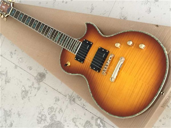 

electric guitar,vintage sunburst , solid maple cap, mother of pearl inlay, one piece body/neck, frets binding, quality guitar